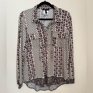 BCBGMaxAzria Boho Paisley Geometric Lace Up Blouse Size Large Dressy Casual Top